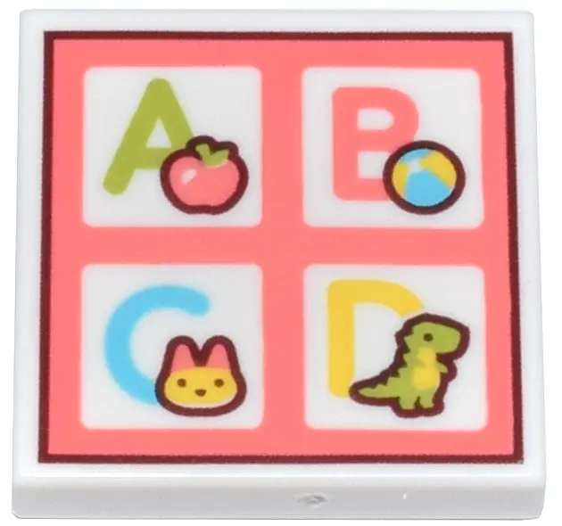 Tile 2 x 2 with Coral Poster Grid with Letters A, B, C, D and Apple, Ball, Cat and Dinosaur Pattern
