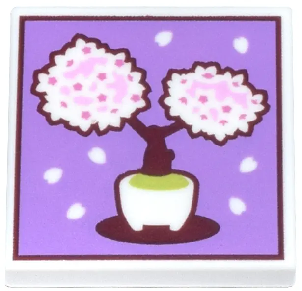 Tile 2 x 2 with White, Dark Pink and Bright Pink Sakura Bonsai Tree and Petals, Dark Brown Stem on M