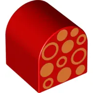 Red Duplo, Brick 2 x 2 x 2 Slope Curved Double with Orange Circles and Dots Pattern