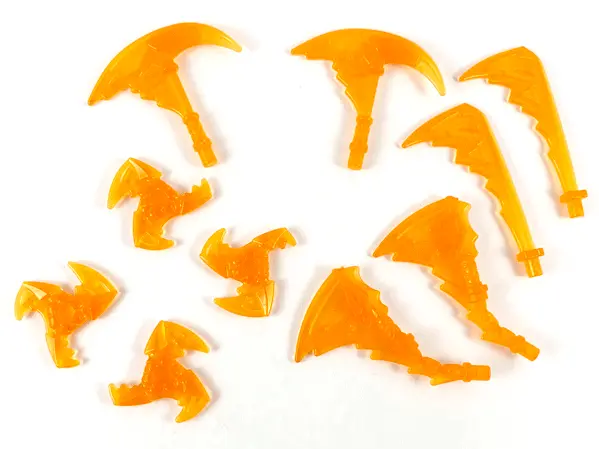 Trans-Orange Minifigure, Weapon Pack Sickles, Swords and Shuriken Throwing Stars, 10 in Bag (Multipa