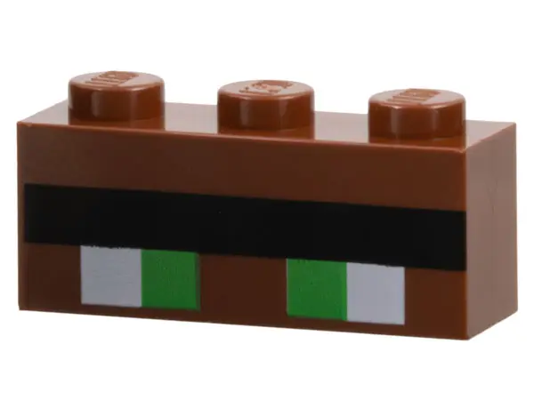 Reddish Brown Brick 1 x 3 with Minecraft Pixelated Green Eyes and Black Unibrow Pattern