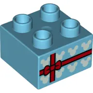 Medium Azure Duplo, Brick 2 x 2 with Present / Gift, Red Bow and White Mice Heads Pattern