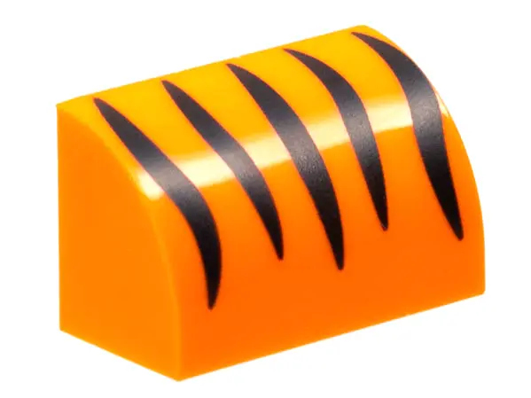 Orange Slope, Curved 1 x 2 with Bottom Stud Holder with Black Tiger Stripes Pattern