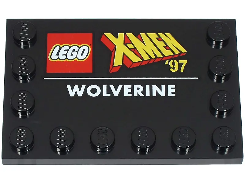 Black Tile, Modified 4 x 6 with Studs on Edges with LEGO X-MEN '97 Logo and White 'WOLVERINE' Patter