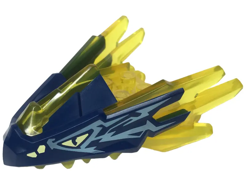 Trans-Yellow Dragon Head (Ninjago) Jaw with Spikes, 4 Studs and 2 Bar Handles with Molded Dark Blue 