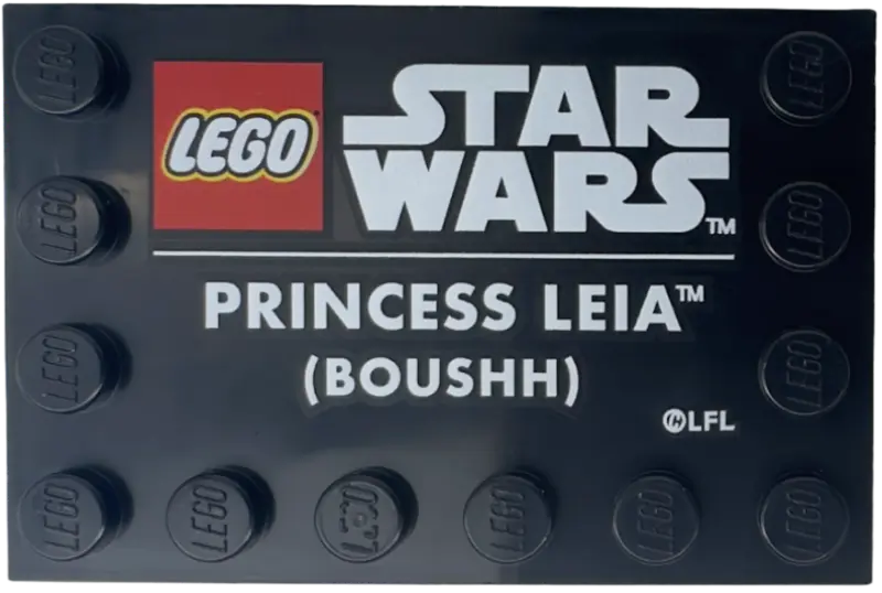 Black Tile, Modified 4 x 6 with Studs on Edges with LEGO Star Wars Logo and White 'PRINCESS LEIA (BO