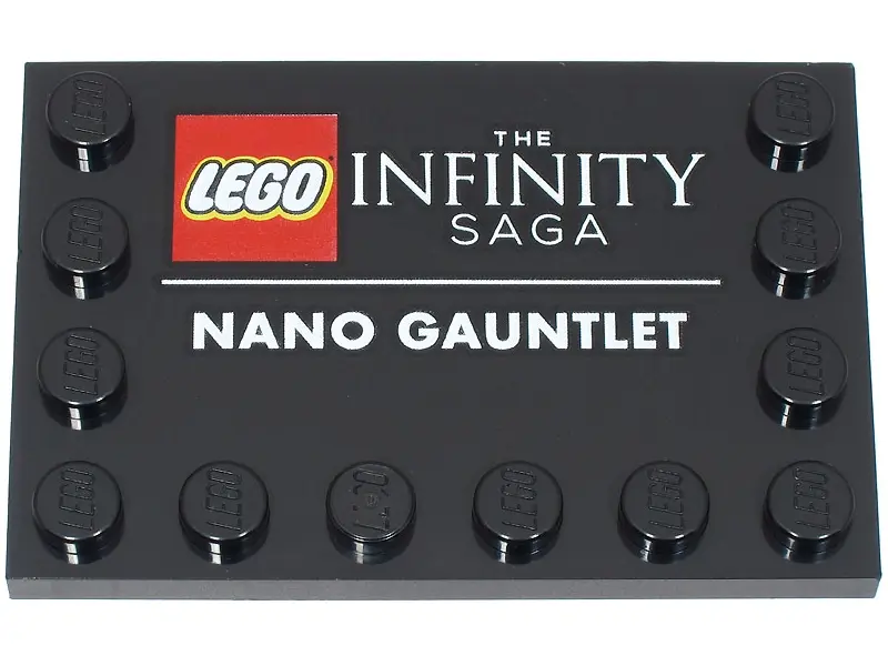 Black Tile, Modified 4 x 6 with Studs on Edges with 'THE INFINITY SAGA' and 'NANO GAUNTLET' Pattern