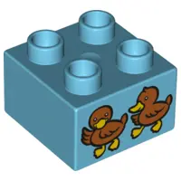 Medium Azure Duplo, Brick 2 x 2 with 2 Baby Ducks Pattern