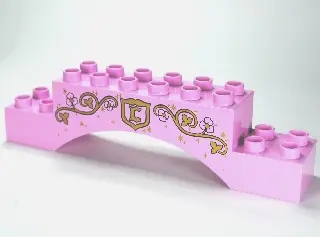 Bright Pink Duplo, Brick 2 x 10 x 2 Arch with Pearl Gold Vines with Leaves and 'C' in Shield Pattern