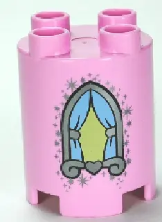Bright Pink Duplo, Brick Round 2 x 2 x 2 with Gothic Window with Curtains Pattern