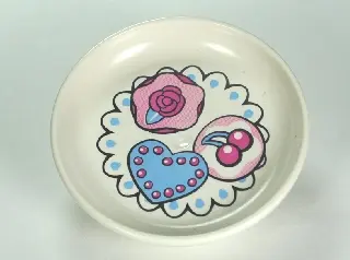 White Duplo Utensil Dish 3 x 3 with Heart, Cherry, and Rose Cakes on Doily Pattern