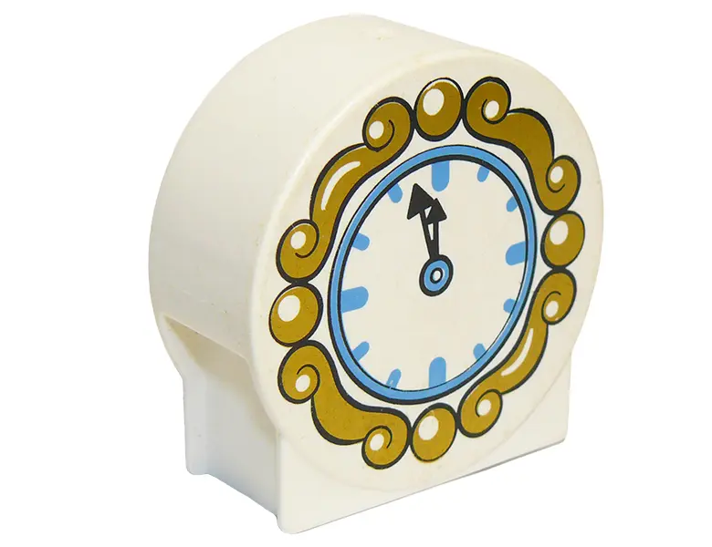 White Duplo, Brick 1 x 2 x 2 Round Top with Clock and Gold Frame Pattern