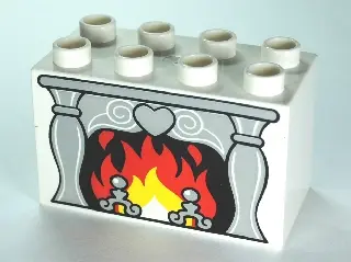White Duplo, Brick 2 x 4 x 2 with Fireplace with Heart Pattern