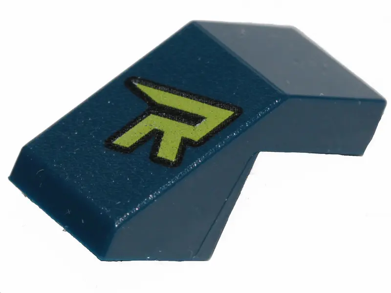 Dark Blue Slope 45 2 x 1 with Cutout without Stud with Stylized Lime Capital Letter R Pattern
