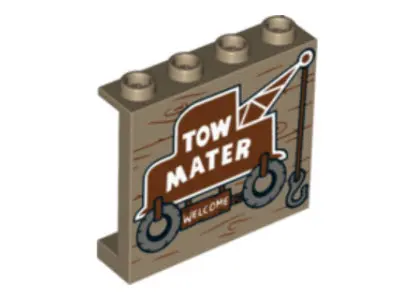 Dark Tan Panel 1 x 4 x 3 with Side Supports - Hollow Studs with 'TOW MATER WELCOME' on Tow Truck Pat