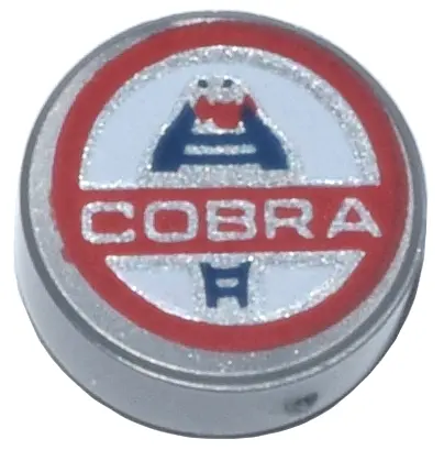 Flat Silver Tile, Round 1 x 1 with Silver 'COBRA' and Red, White and Dark Blue Shelby Cobra Logo Pat