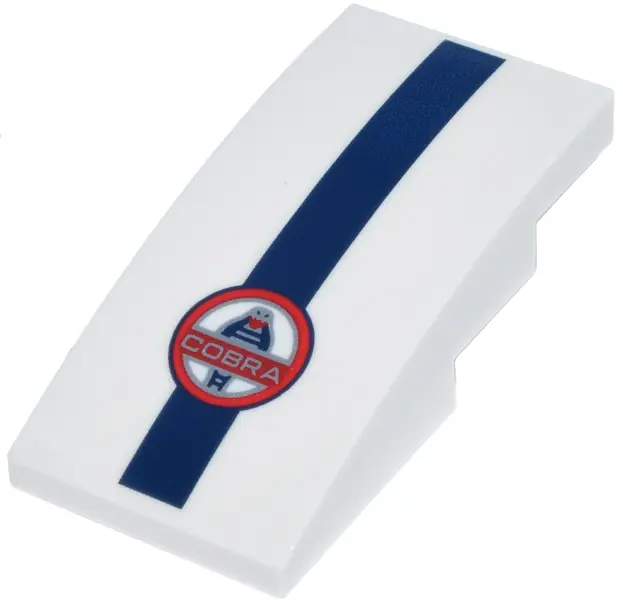 White Slope, Curved 4 x 2 with Silver 'COBRA' and Red, White and Dark Blue Shelby Cobra Logo and Str