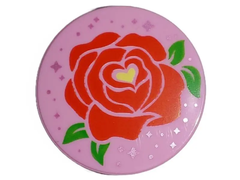 Bright Pink Tile, Round 2 x 2 with Bottom Stud Holder with Red Rose, Bright Green Leaves, Bright Lig