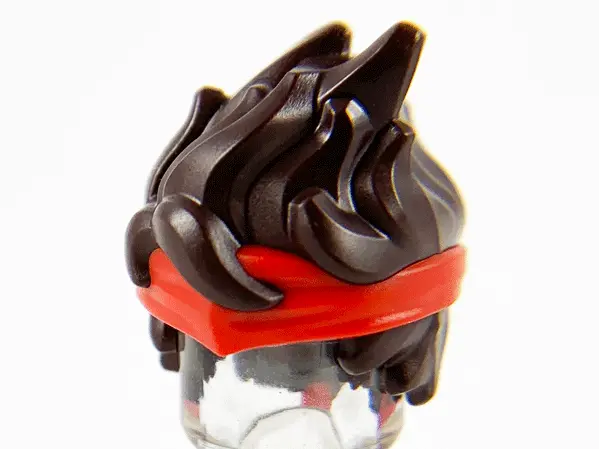 Dark Brown Minifigure, Hair Long and Spiky with Molded Red Bandana Headband Pattern