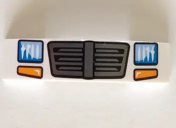White Slope, Curved 4 x 1 x 2/3 Double with Metallic Silver Grille, Blue Headlights, and Orange Turn