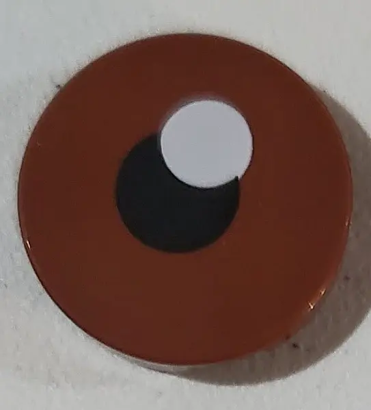 Reddish Brown Tile, Round 2 x 2 with Bottom Stud Holder with Black Pupil and White Glint Pattern