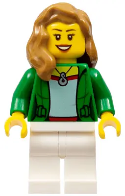 Airplane Passenger - Female, Green Jacket Open with Necklace, White Legs, Medium Nougat Hair over Sh