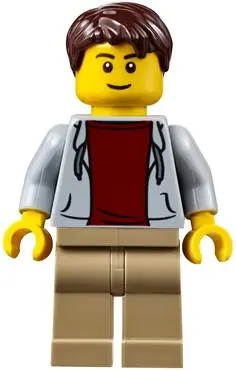 Light Bluish Gray Hoodie with Dark Red Shirt, Dark Tan Legs, Dark Brown Tousled Hair, Thin Grin
