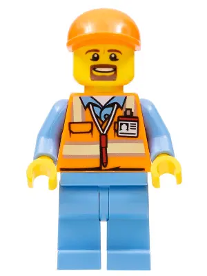 Orange Safety Vest with Reflective Stripes, Medium Blue Legs, Orange Short Bill Cap, Goatee
