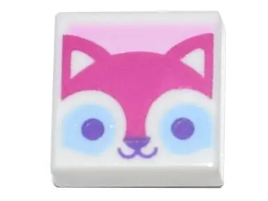 White Tile 1 x 1 with Magenta Cat Face with Bright Light Blue and Dark Purple Eyes on Bright Pink Ba