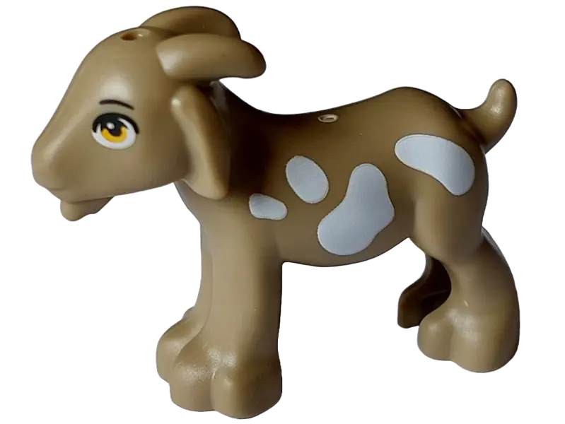 Dark Tan Goat, Friends Style with Bright Light Orange Eyes, Black Eyebrows and White Spots Pattern