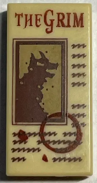 Tan Tile 1 x 2 with 'THE GRIM', Werewolf, Circle and Writing Pattern