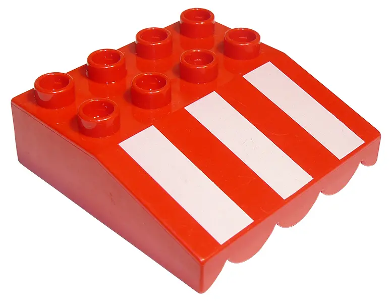 Red Duplo Roof Sloped 33 4 x 4 with Awning Overhang and 3 White Stripes Long Pattern