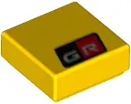 Yellow Tile 1 x 1 with Silver 'GR' on Black and Red Background Pattern