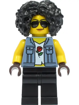 Stuntz Driver - Female, Sand Blue Vest over Rose Shirt, Black Legs, Black Curly Hair, Sunglasses