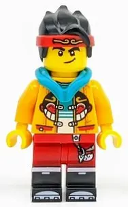 Monkie Kid - Bright Light Orange Open Jacket with Monkey Head Logo, Dark Turquoise Hood, Smirk / Ang
