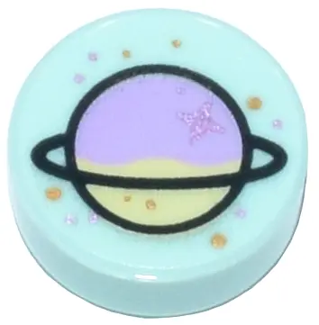 Light Aqua Tile, Round 1 x 1 with Lavender and Yellowish Green Planet with Ring and Gold and Metalli