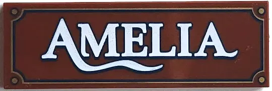 Reddish Brown Tile 2 x 6 with Sign with White 'AMELIA' and Dark Blue and Gold Border Pattern