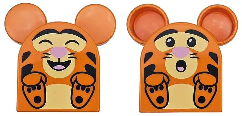 Orange Duplo, Brick 2 x 2 x 2 Curved Top with Rounded Ears with Hands and Paws, Black Tiger Stripes,