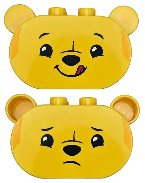 Yellow Duplo, Brick 2 x 4 x 2 1/2 Rounded Ends, Ears on Sides with Black Eyebrows, Eyes, Nose, and M