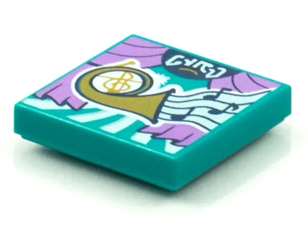 Dark Turquoise Tile 2 x 2 with BeatBit Album Cover - Gold French Horn Pattern