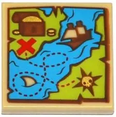 Tan Tile 2 x 2 with Map Blue Water, Lime Land, Sailing Ship, Treasure Chest and Red 'X' Pattern