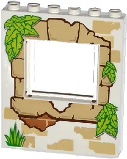 White Panel 1 x 6 x 6 with Window with Tan Bricks, Grass and Leaves Pattern