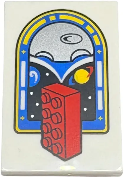 Tile 2 x 3 with Red 2 x 4 Brick and Blue, Silver, Yellow and Black Arch, Dots and Lunar Outpost Logo