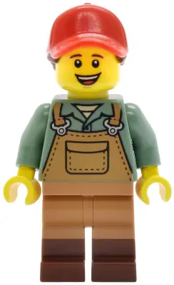 Gardener - Female, Medium Nougat Overalls over Sand Green Shirt, Reddish Brown Boots, Red Ball Cap w