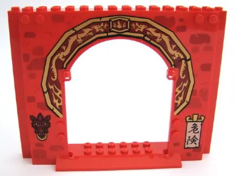 Red Panel 4 x 16 x 10 with Ninjago Asian Arch and Dragon Head Door Knocker Pattern
