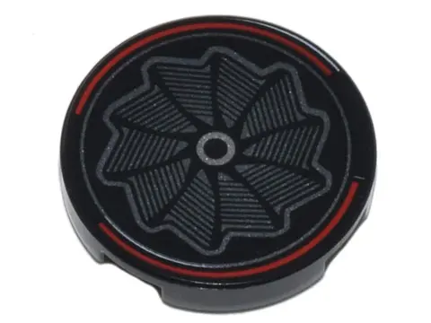 Black Tile, Round 2 x 2 with Bottom Stud Holder with Silver Pinwheel Wheel Rim and Red Curved Lines 