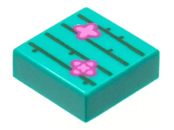 Dark Turquoise Tile 1 x 1 with Dark Green Cactus Lines, Magenta and Dark Pink Flowers Pattern