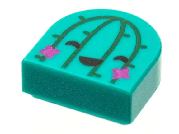Dark Turquoise Tile, Round 1 x 1 Half Circle Extended with Dark Green Cactus Lines, Magenta Flowers,