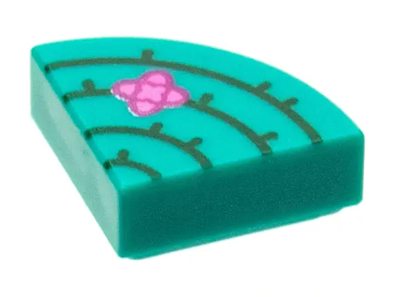 Dark Turquoise Tile, Round 1 x 1 Quarter with Dark Green Cactus Lines, Magenta and Dark Pink Flower 