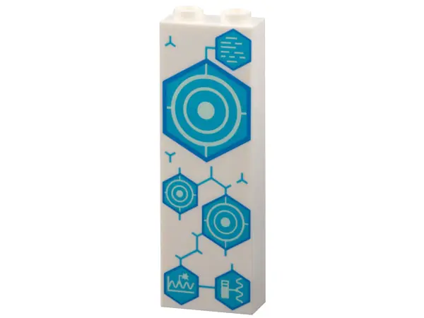 White Brick 1 x 2 x 5 with Medium Azure Hexagons with Dark Azure Outlines, Concentric Circles, and S